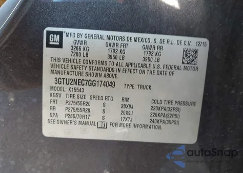 2016 GMC Sierra 1500 Slt z USA, uszkodzony, nr VIN 3GTU2NEC7GG174049